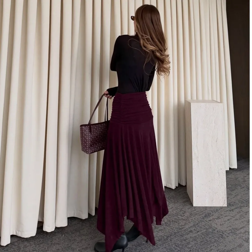 Versatile Waist Ruched Knit Maxi Skirt Irregular Hem Loose Fit A-Line Skirt Flowy Silhouette Soft Knit Long Skirt Office Commute