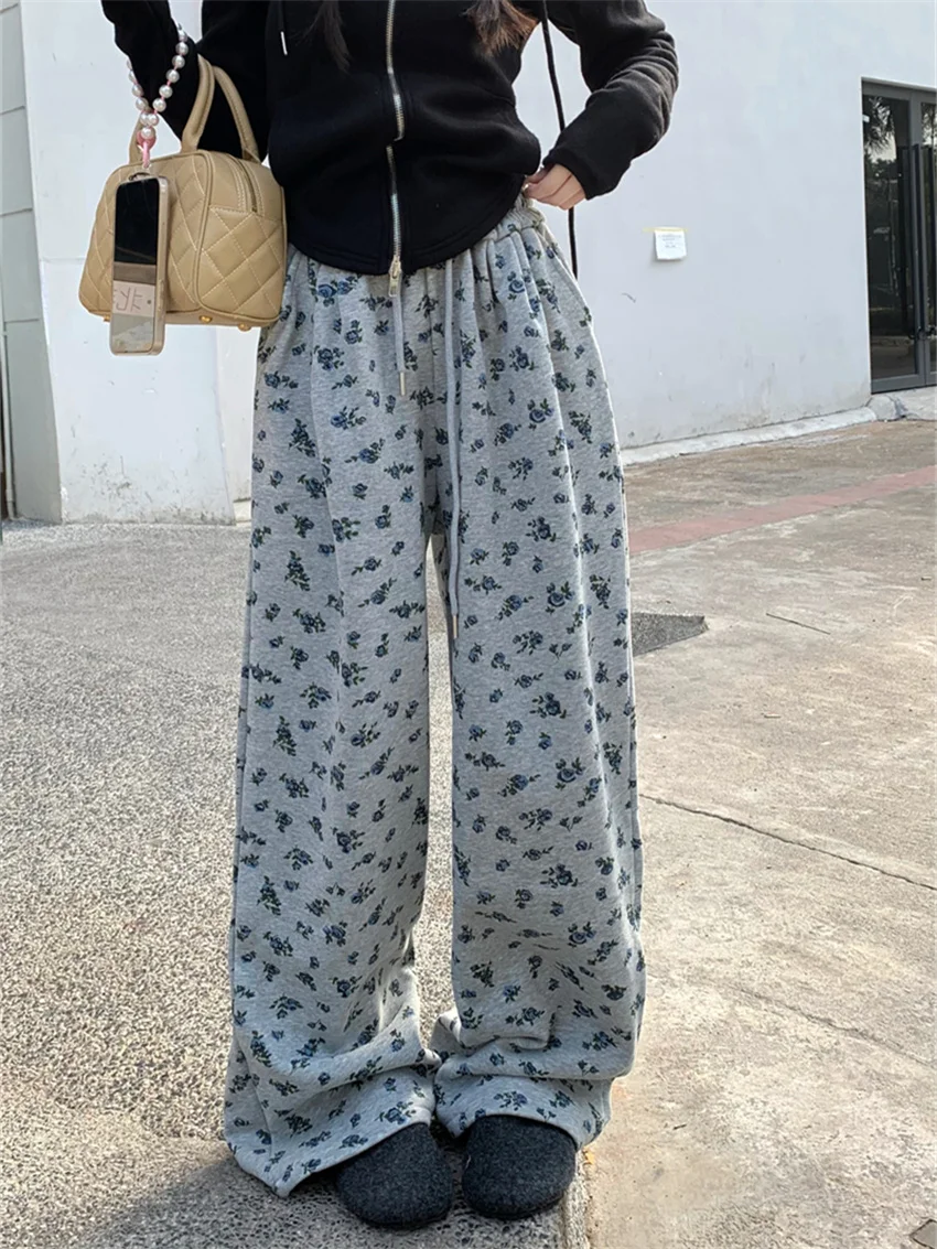 PLAMTEE Retro Florals Chic Pants Women Printed Spring New Daily Loose 2024 High Waist Gentle All Match Fashion Slim Plush