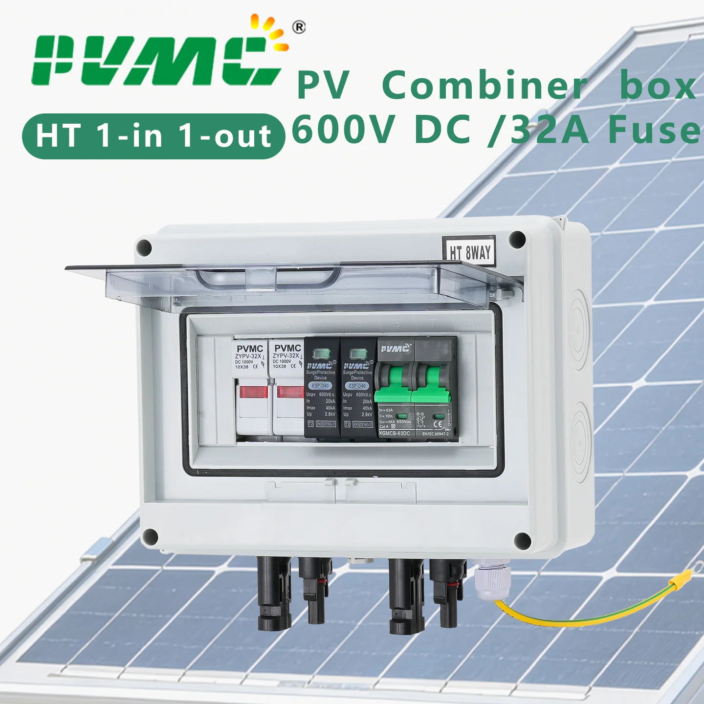 PVMC 1 in 1 out DC 600V Solar photovoltaic PV Combiner Box  Lightning Protection 32A Fuse MCB SPD Waterproof IP65 Distribution