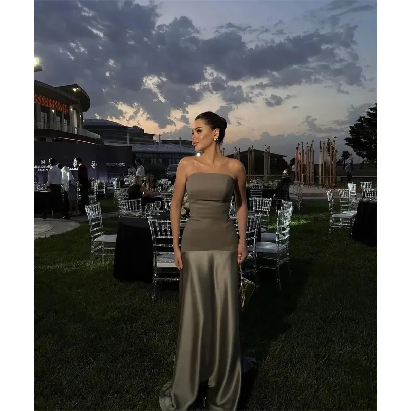 Elegante strapless satijnen avondjurk met kanten baljurk sweep trein prom feestjurk vestidos de fiesta op maat