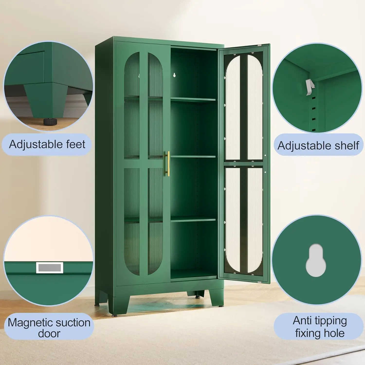 Metal Kitchen Pantry Storage Cabinet,Food Pantries Cabinets with Acrylic Glass Doors and Adjustable Shelves