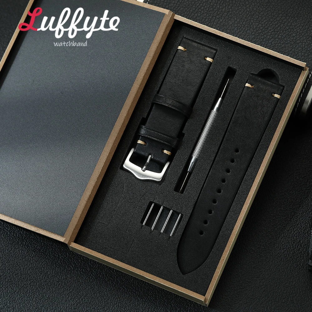 Herren Echtleder-Uhrenarmband 20mm 22mm mit Geschenkbox-Set Retro Rindsleder Ersatzband Luxus Armband Gürtel