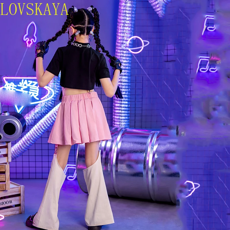2024 New Girl Jazz Modern Dance Children's Wear Black Open Navel Top Pink Pants Set Fashion Hip Hop Dance Mad Dress