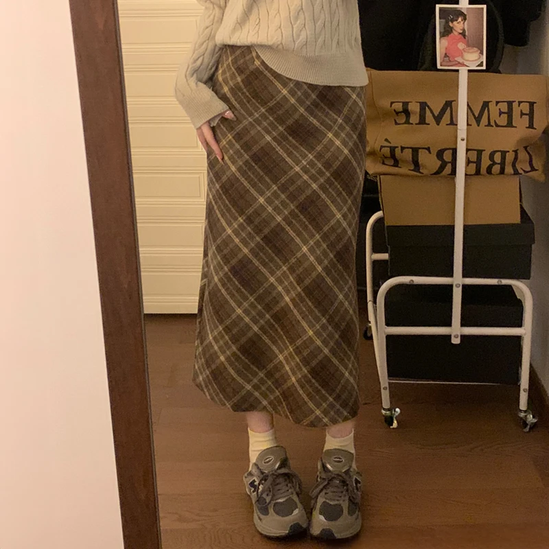 Woolen Plaid Midi Skirt with Belt High Waist A-line Long Tartan Skirt Women Preppy Academia Fall Winter Outfit