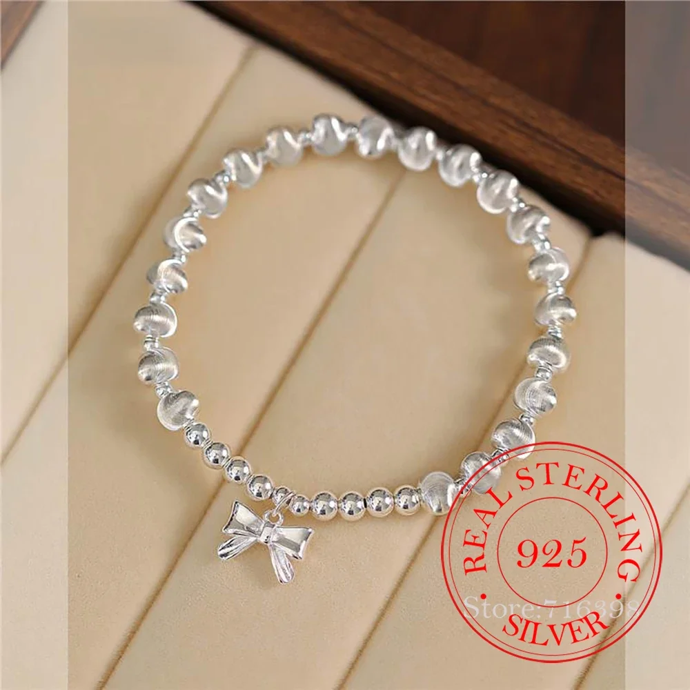 Real Money 925 Sterling Silver Beads Ball Bowknot Charm Chain Bracelet For Women Girls Homme Wedding Party Jewelry Gift