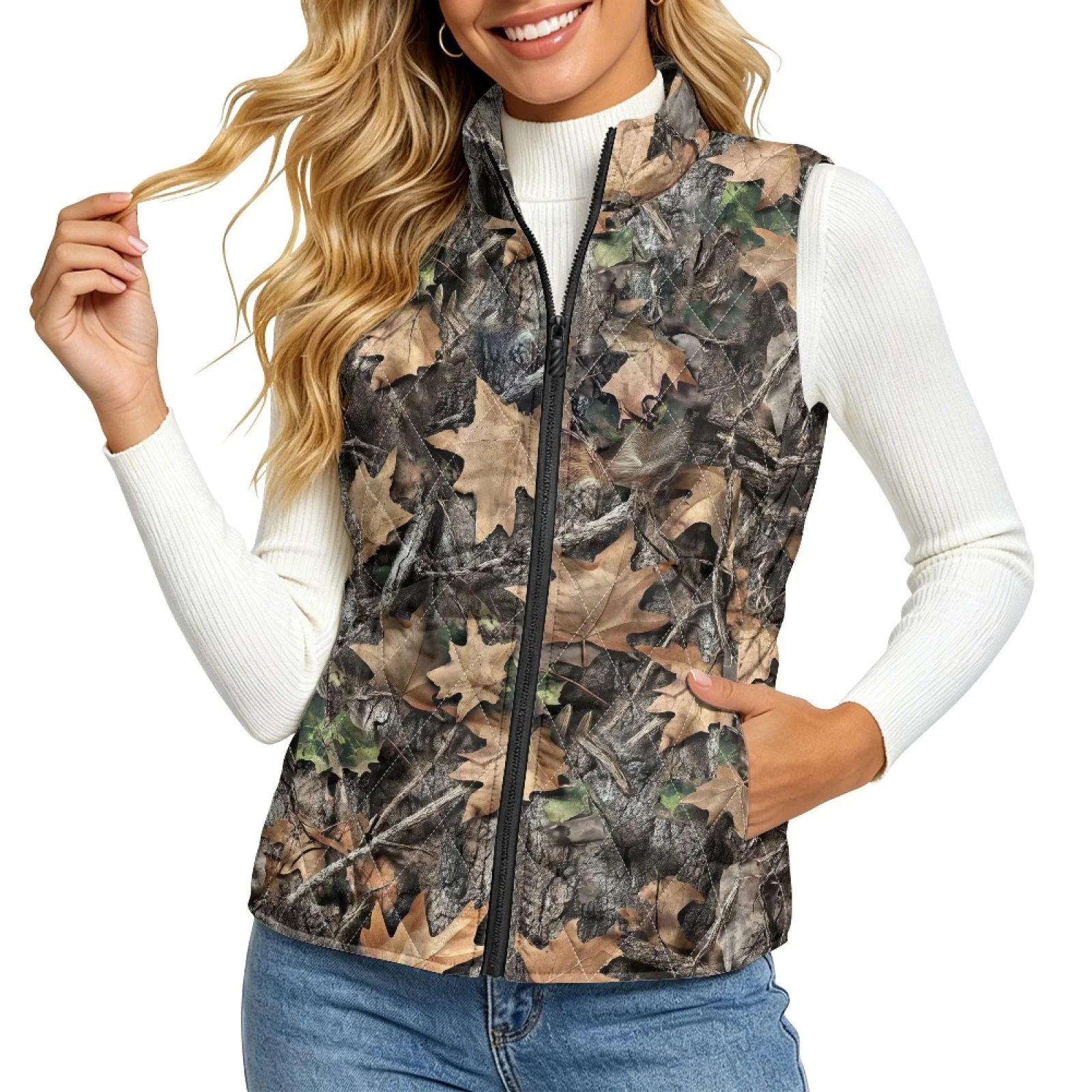 PENSTROLL Forest Camo Leaves Quilted Jacket Vest Warm Women's Quilted Jacket Vest Thin Padded Gilet Women for Indoor Activities