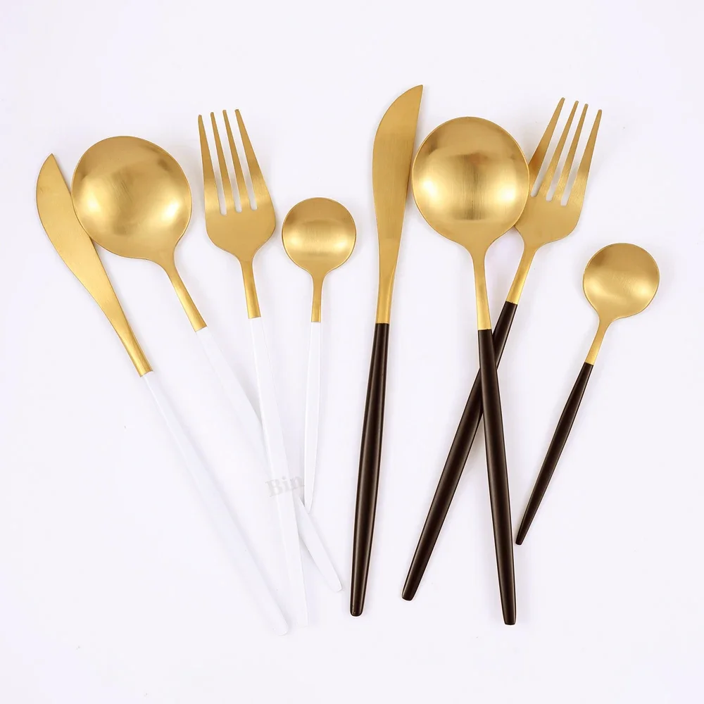 30Pcs Matte Black Gold Stainless Steel Cutlery Set Knife Fork Spoon Silverware Tableware Set Wedding Birthday Dinner Dinnerware
