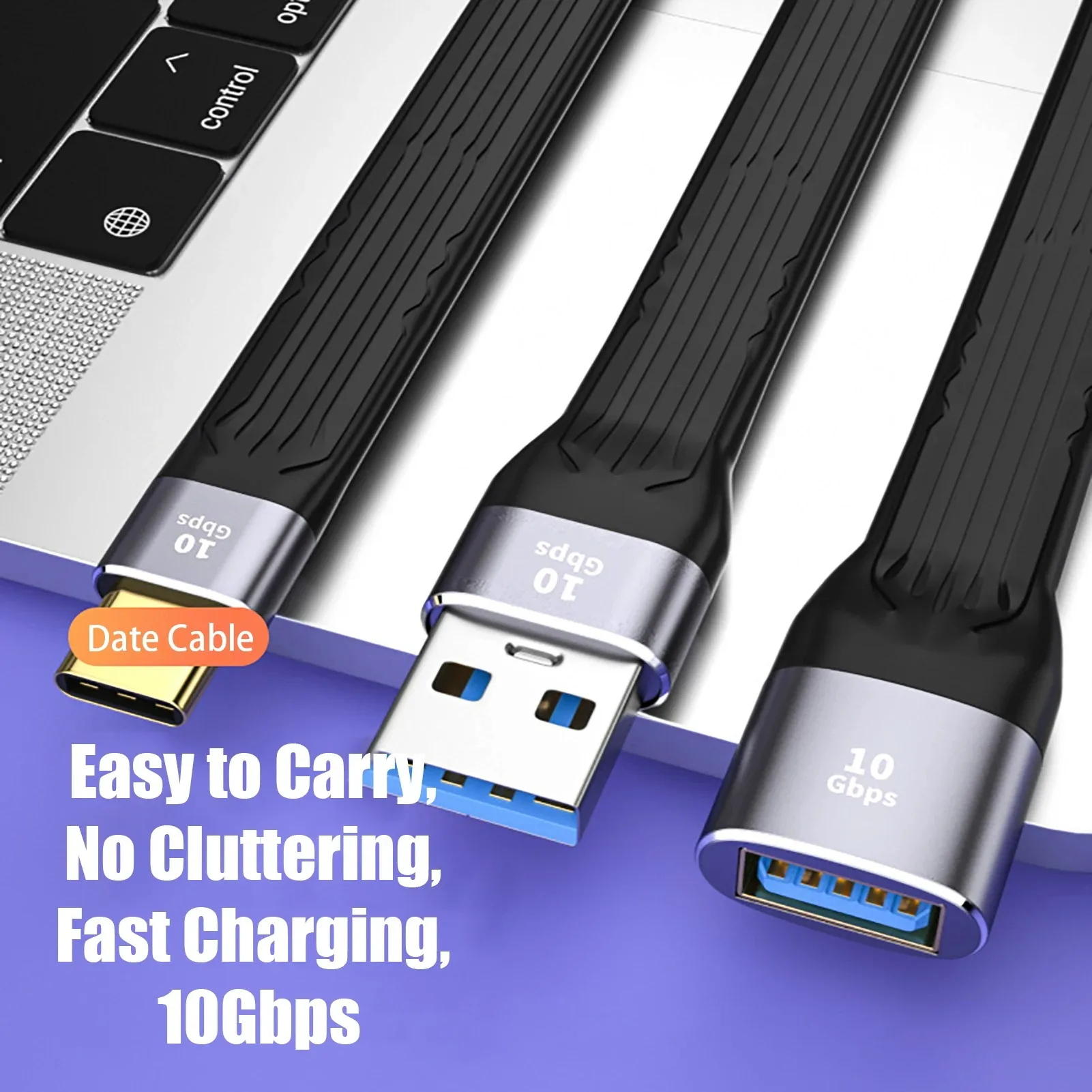 Portable USB A Type-C 10Gbps Data Cable 100W Fast Charging Flat Slim FPC Short Cord for Laptop Tablet Mobile Phones Power Bank