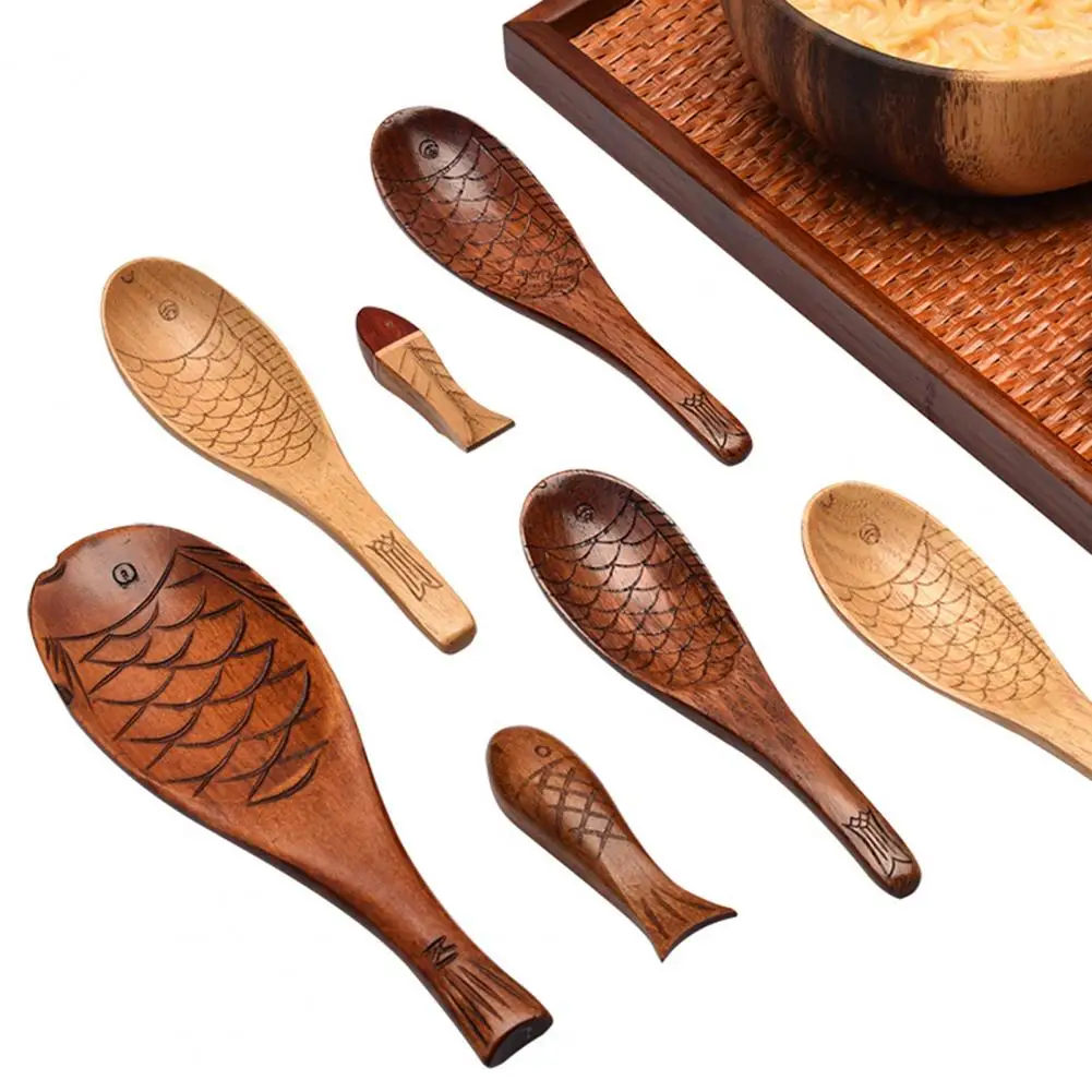 Children Spoon Natural Wood Soup Spoon Japanese Style Fish Carved Spoons Stirring Spoon Soup Spoon Tableware Coffee spoon