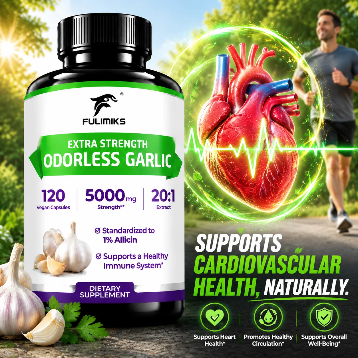 Garlic Supplement, Odor‑Less Garlic Extract, Antioxidant Support, Promotes Cardiovascular & Heart Health, Immune Defense