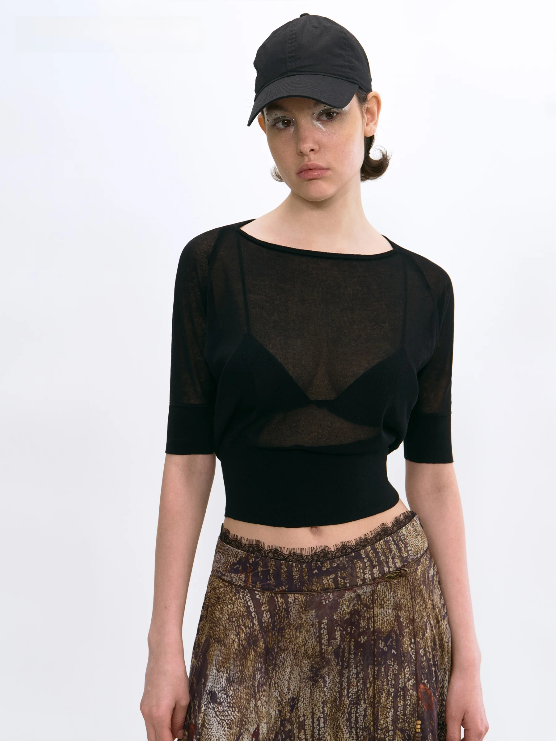VERMO Three-acetate Cotton Blend Short Sleeve Knitted Top Waist-cinching Not Sticky  Micro-transparency Retro Washable