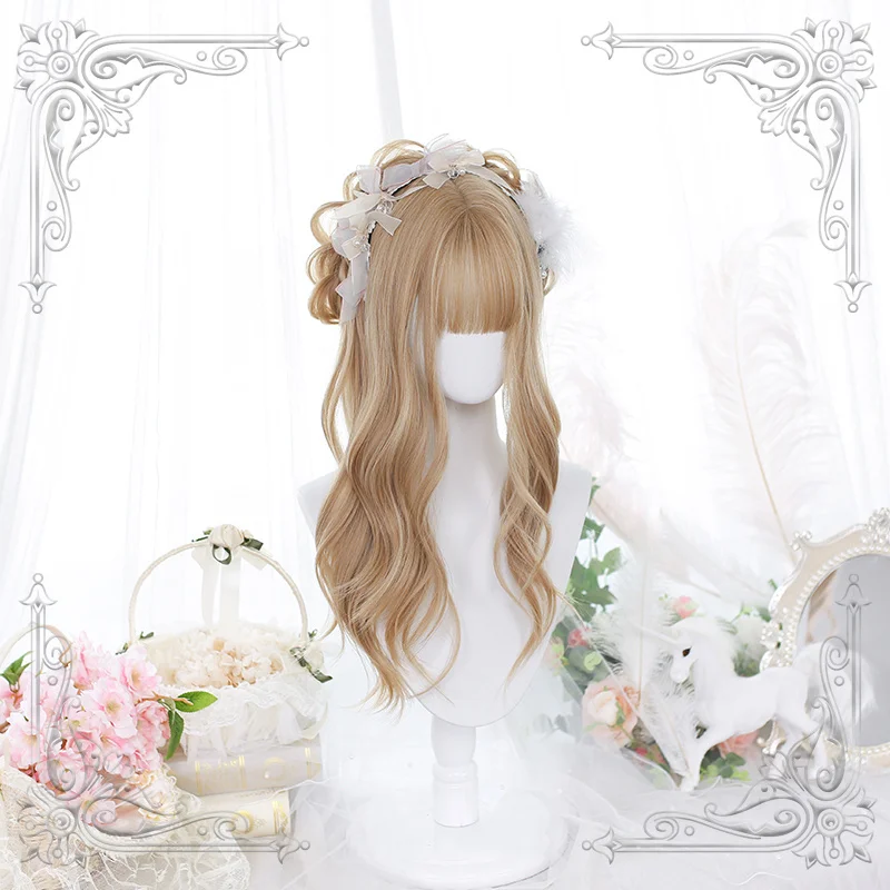 Long Wavy Bangs Female Lolita Wig Women Golden Slight Curly Wigs Cosplay Party