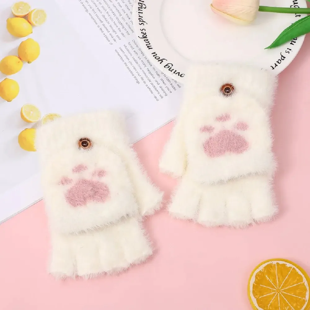 

Утепленные женские теплые перчатки с кошачьими лапками, модные плюшевые варежки для девочек, мягкие плюшевые короткие перчатки без пальцев, зимние перчатки с половиной пальца