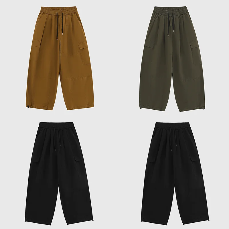 Spring Men Cargo Pants Hip Hop Vintage Wide Leg Straight Regulate Trouser Leg Big Pocket Drawstring Harem Jogging Sport Pants