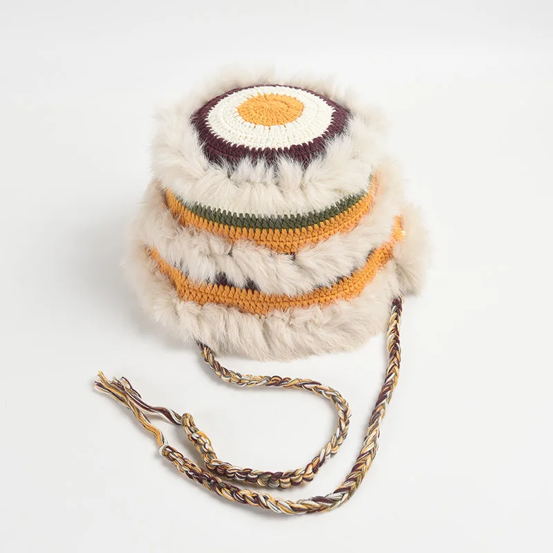 Casual Rabbit Fur Crochet Knitting Hat Women Autumn Winter New Fashion Color Block Plush Earflap Bucket Hat