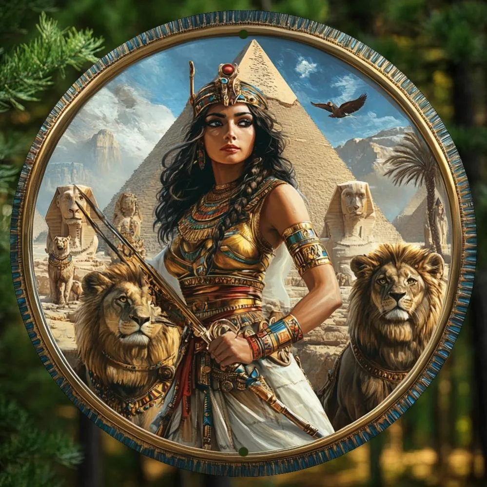 Vintage Metall-Wandschild mit Ägyptischer Frau und Löwe, 8x8 Zoll Goldrahmen-Kunstwerk für Heim- und Café-Dekoration