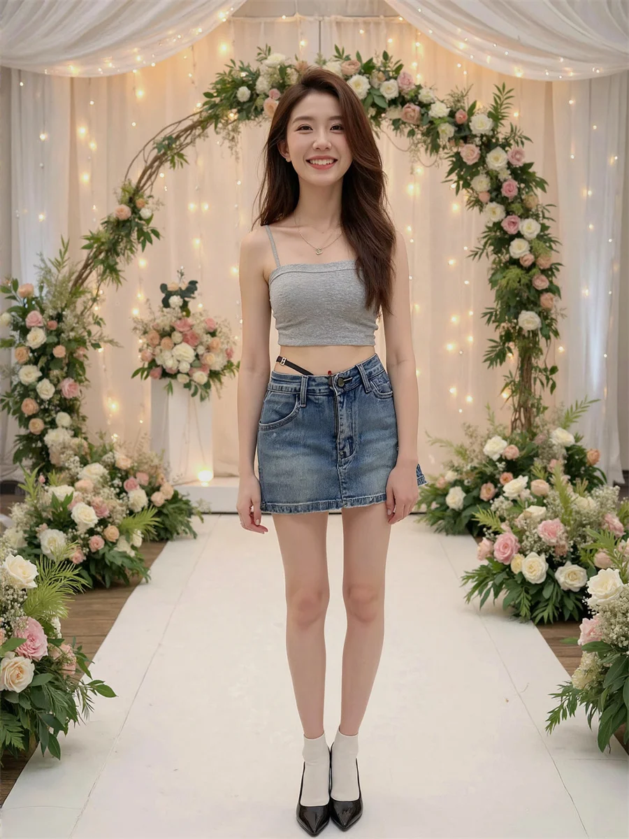 

Mini Denim High Waist Skirts Womens Pastel Colored Check Pattern Wrinkle Resistant Elegant Pure Quality Fabric Soft Versatile