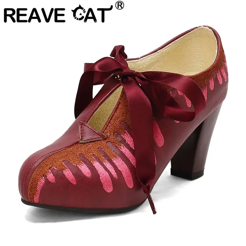 

REAVE CAT 2025 Новый дизайн Женские туфли-лодочки с круглым носком на блочном каблуке со шнуровкой Разноцветные большие размеры 41 42 43 Модная женская обувь для свиданий