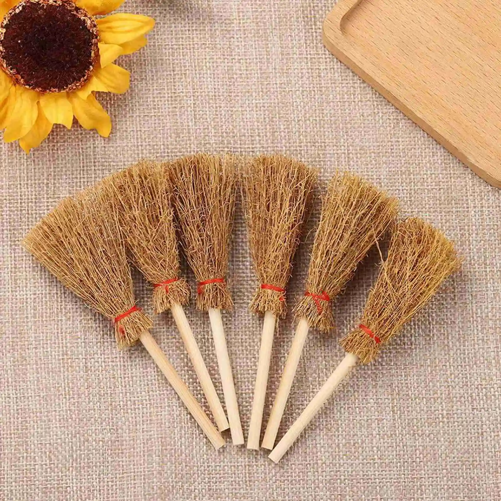 60Pcs Miniature Artificial Mini Straw Brooms with Red Ropes Halloween Straw Decoration Witches Decor Toy