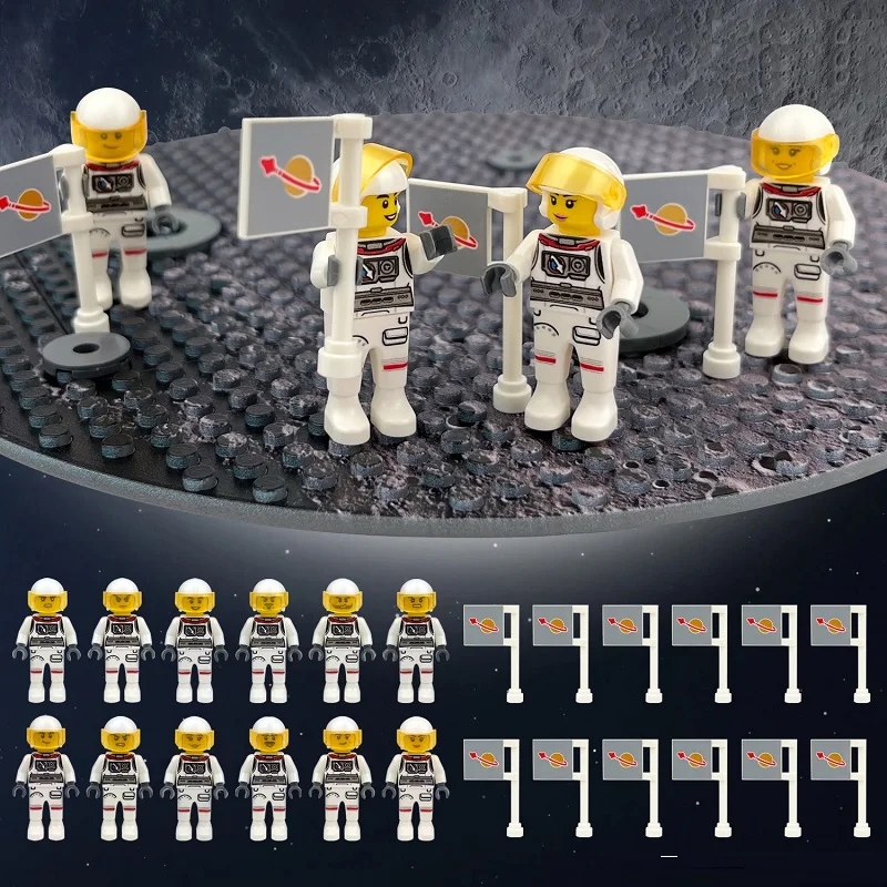 12pcs Star Astronaut with Flag 4.5cm Mini Action Figures Sets No Playmobil MOC Compatible Building Blocks Bricks Toys for Boys