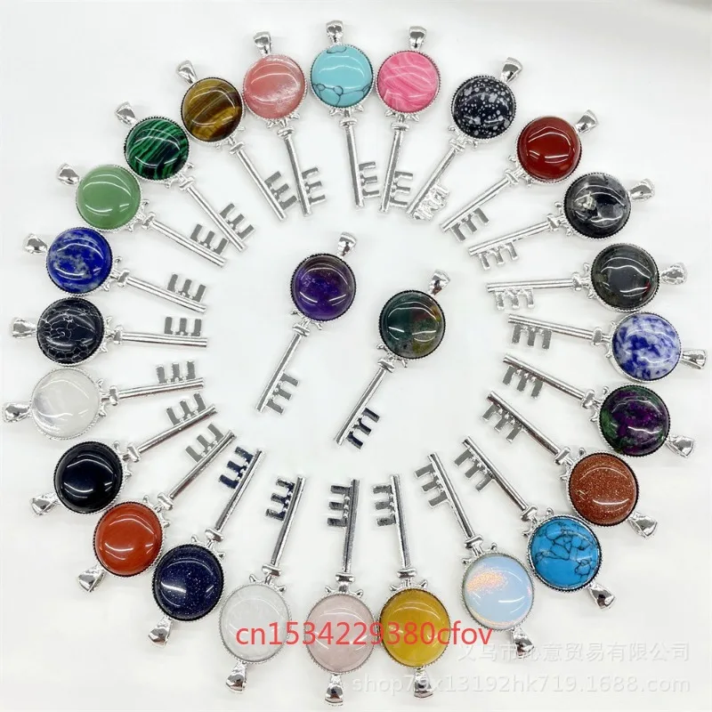 5pc Various Types Natural Crystal Agate Gemstone Alloy Key Inlaid Gemstone Pendant Necklace Fashionable Charm Accessories