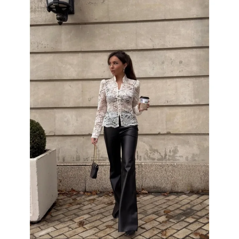 

Women Elegant Lace See Through Chinese Shirt Sexy Full Sleeve Single Breasted Slim Cropped Blouse 2026 Lady Daily Street Shirts