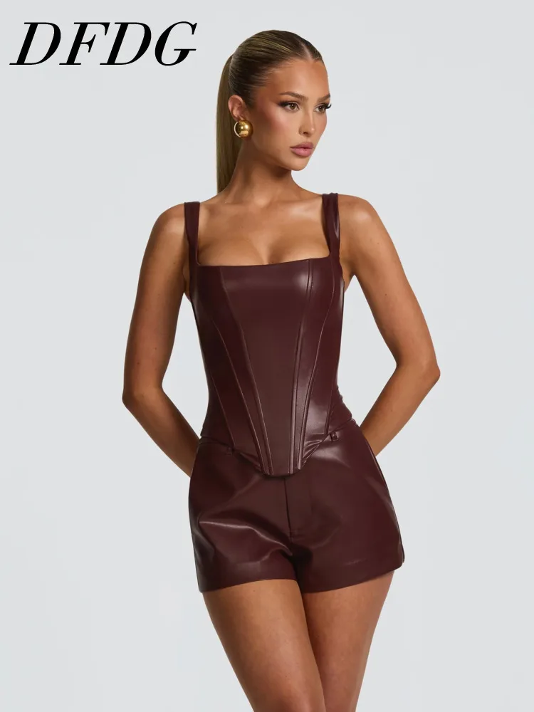 

DFDG Women 2026 Spring Summer Two Piece Outfit Square Neck Faux Leather Corset Top High Waist Shorts Set Elegant Party Suit