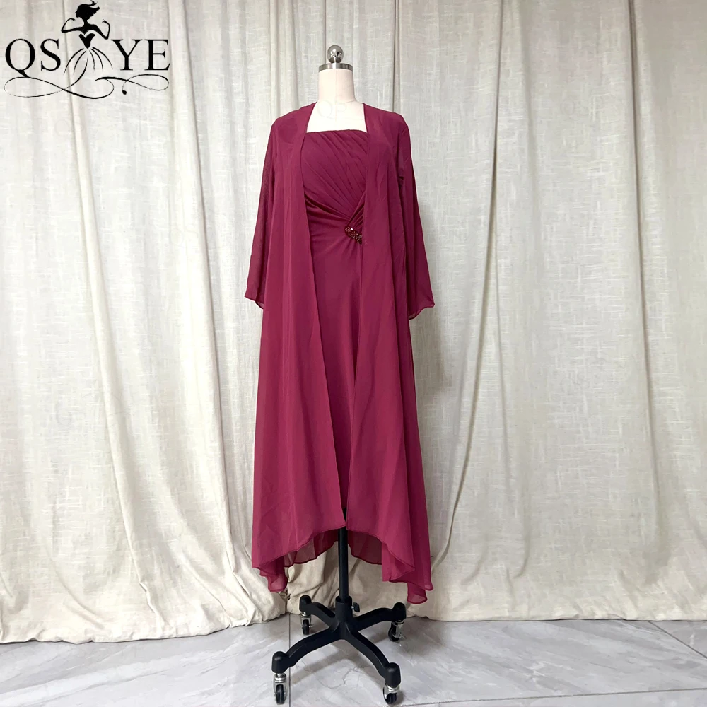 

Dark Red Short Mother of the Bride Dresses Jacket Chiffon with Cap Woman Evening Gown A line Decent Mother Party Gown