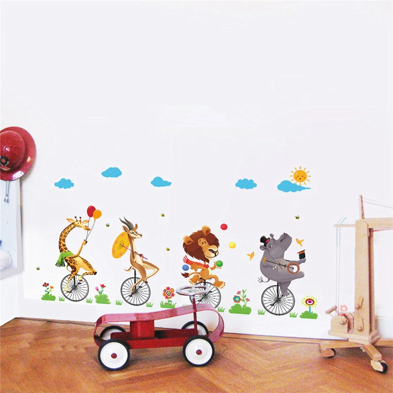 Cartoon Circus Animal Riding Unicycle Bike Wall Sticker For Kindergarten Kids Room Home Decoration Mural Art Pvc Wall Decals