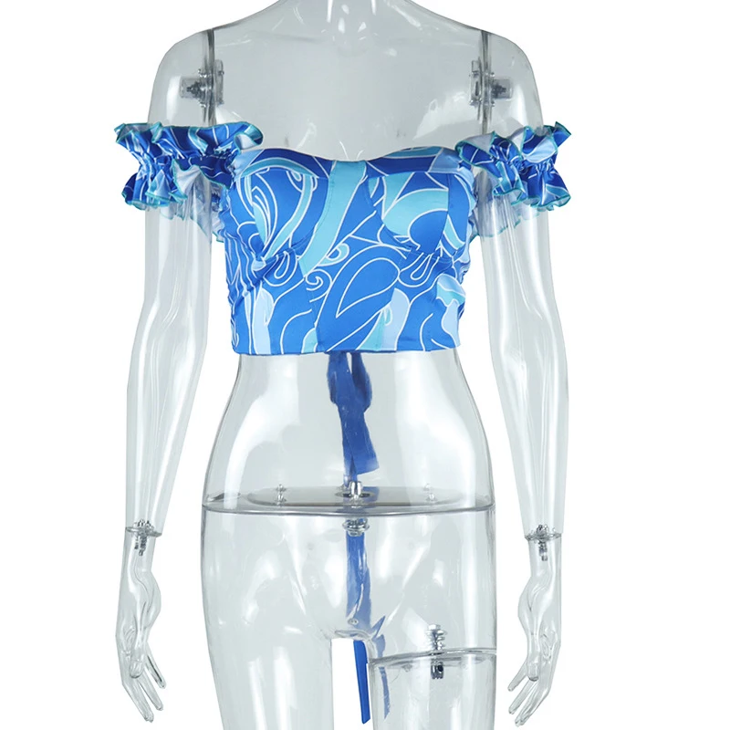 BKLD estampado estético cuello barco espalda descubierta fuera del hombro fruncido con cordones moda Sexy mujer verano Club calle Casual Crop Tops