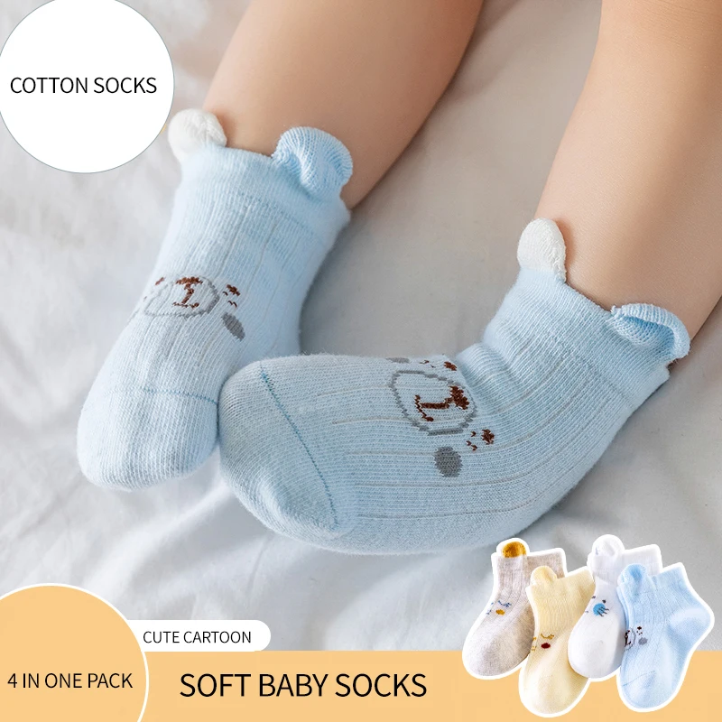 

4 Pairs Newborn Baby Cartoon Cat Kitty Bear Kids Ankle Socks 0-3 Years Breathable Cute Soft Cotton Baby Socks For Boys Girls