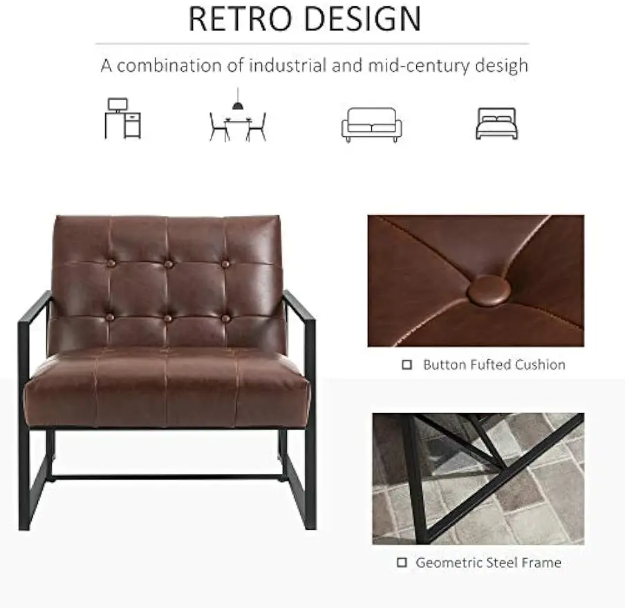 Kursi aksen Modern pertengahan abad kursi Sofa kulit imitasi kancing kursi berumbai dengan rangka logam, cokelat