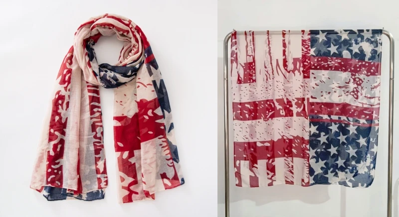 Modischer Schal mit amerikanischer Flagge, länglicher Schal, patriotischer Sterndruck, Voile, weicher Wickelschal mit geometrischen Streifen – Detail 12