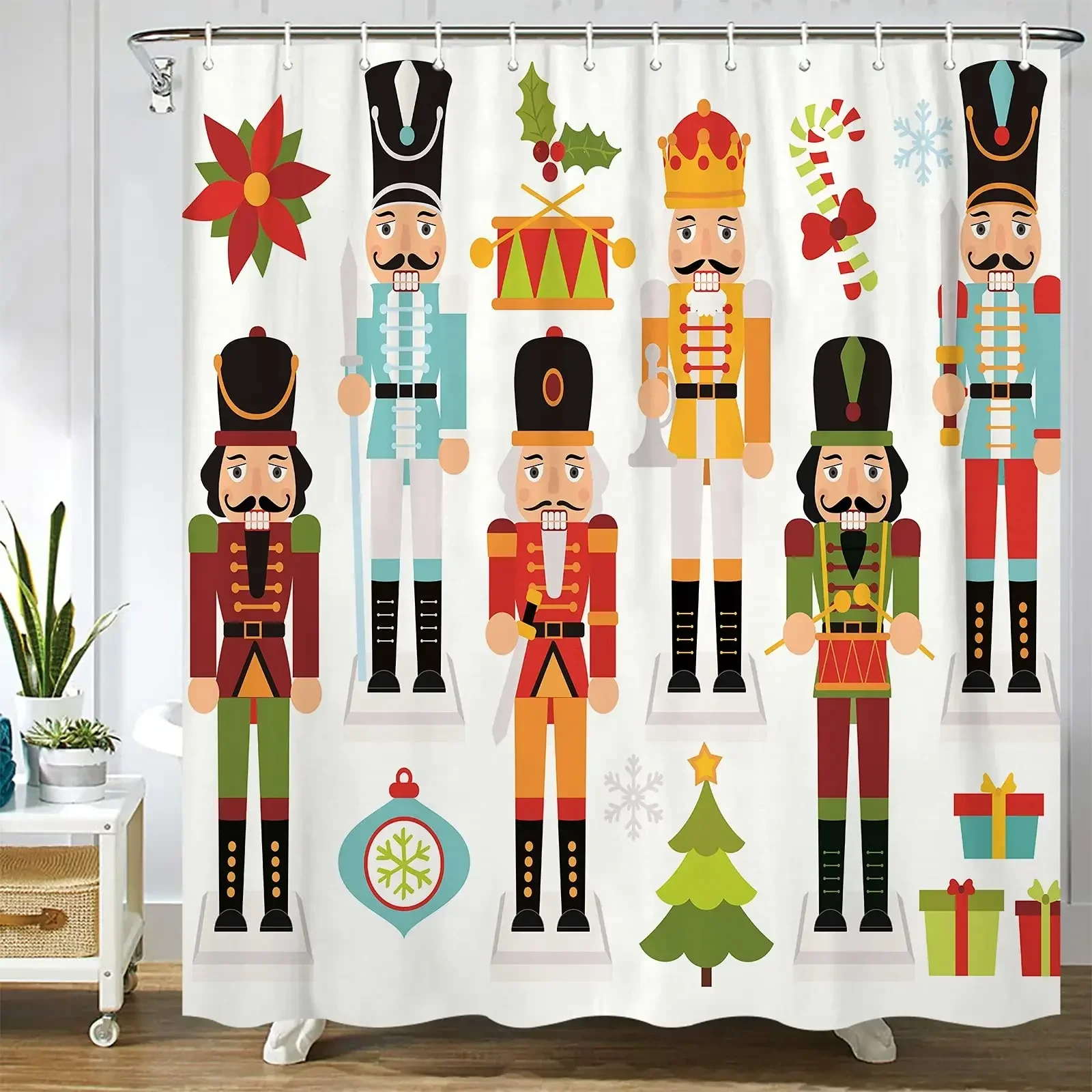 Christmas Nutcracker Shower Curtain, Christmas Tree Snowman Bathroom Curtain Decoration Set With Hook Fabric Christmas Gift