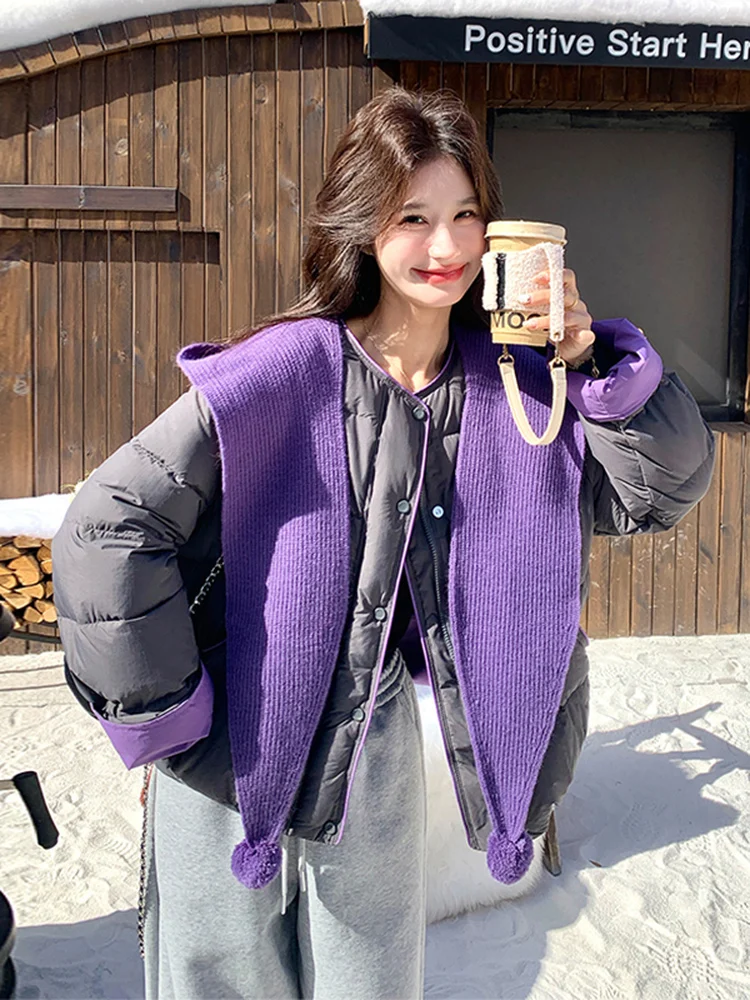 

Women's Knitted Hooded awl Color Blo down Jaet ort Sle Winter Warm Thi Outerwear Casual Loose Fit White Du down