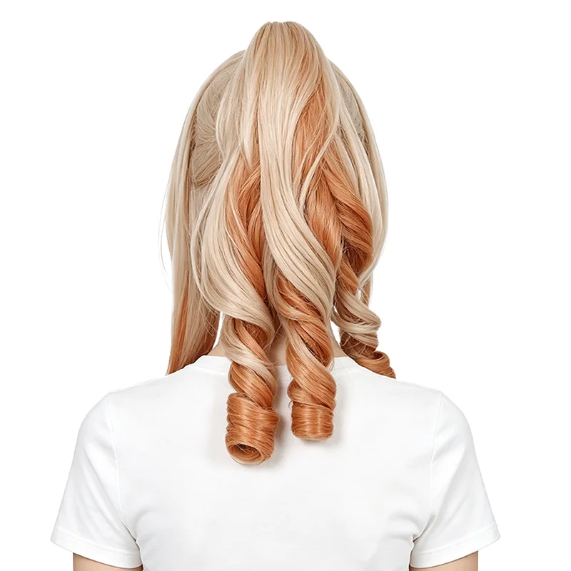 Pre-styled Yoimiya Cosplay Wig Spiral Curls Detachable Ponytail Ombre Blonde Orange Heat Resistant Synthetic Wig For Daily Party