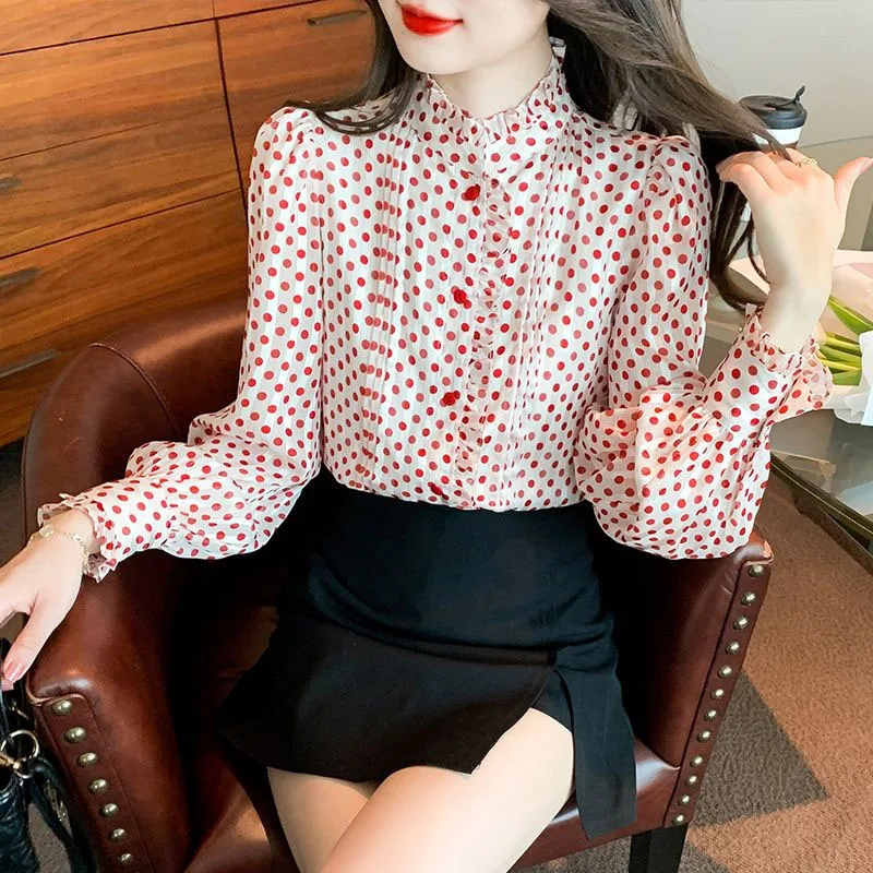 New Spring and Autumn Fashion Trendy Folded Dotted Chiffon Long Sleeved Shirt Loose and Versatile Western Style Women\'s Top