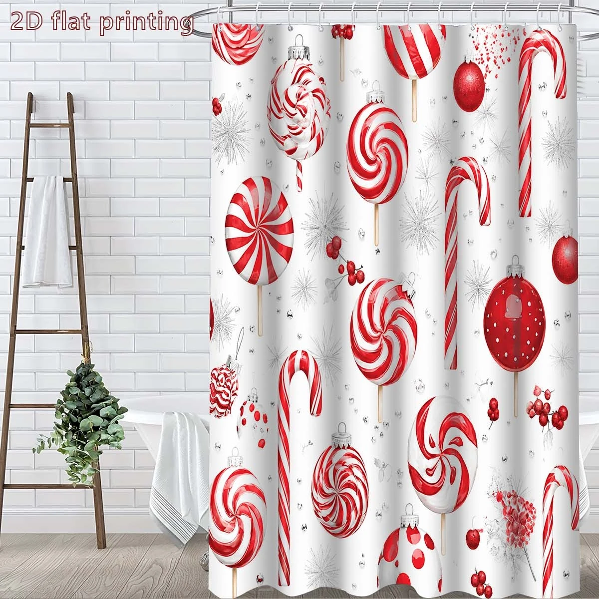 2D Flat, (2D) 1pc Christmas Shower Curtain, Premium Red Background with White Snowflakes and Candy Cane Print, Bathroom Decor, S