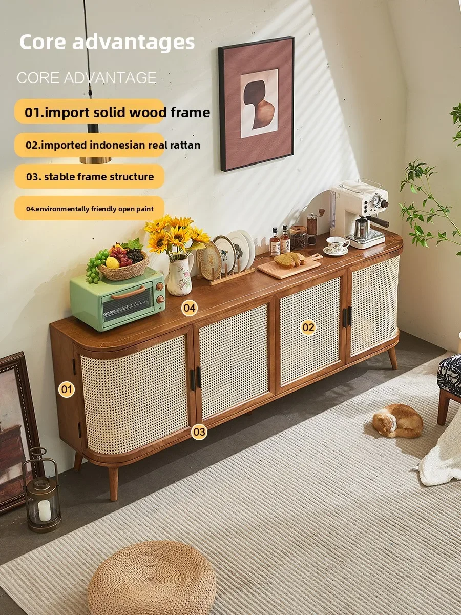 Solid wood four-door rattan cabinet, locker, Japanese-style wabi-sabi retro living room, dining side cabinet, entrance cabinet