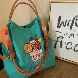 Ball Chain Handbag Cartoon Large Capacity Embroidery Crossbody Single Shoulder Bags Nylon Canvas Commuting Shopping Girls Gifts