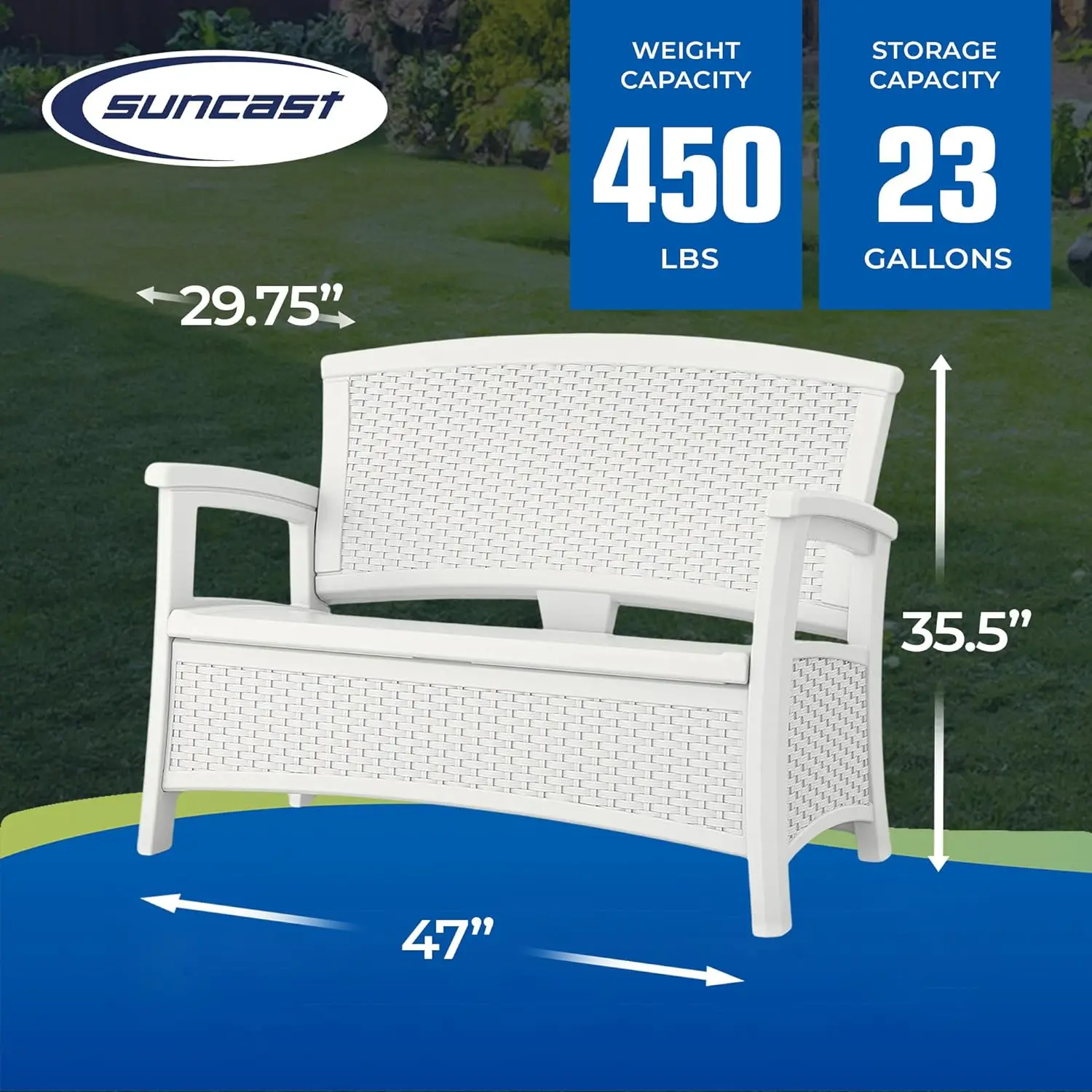 Suncast Elements Stylish Lightweight Loveseat Outdoor Seating with Convenient Built In Universal Storage, and All Weather