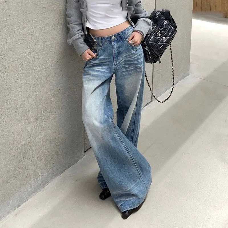

2026 New High Waist Baggy Jeans For Women Fold Detail Washed Blue Relaxed Fit Wide Leg Straight Denim Pants