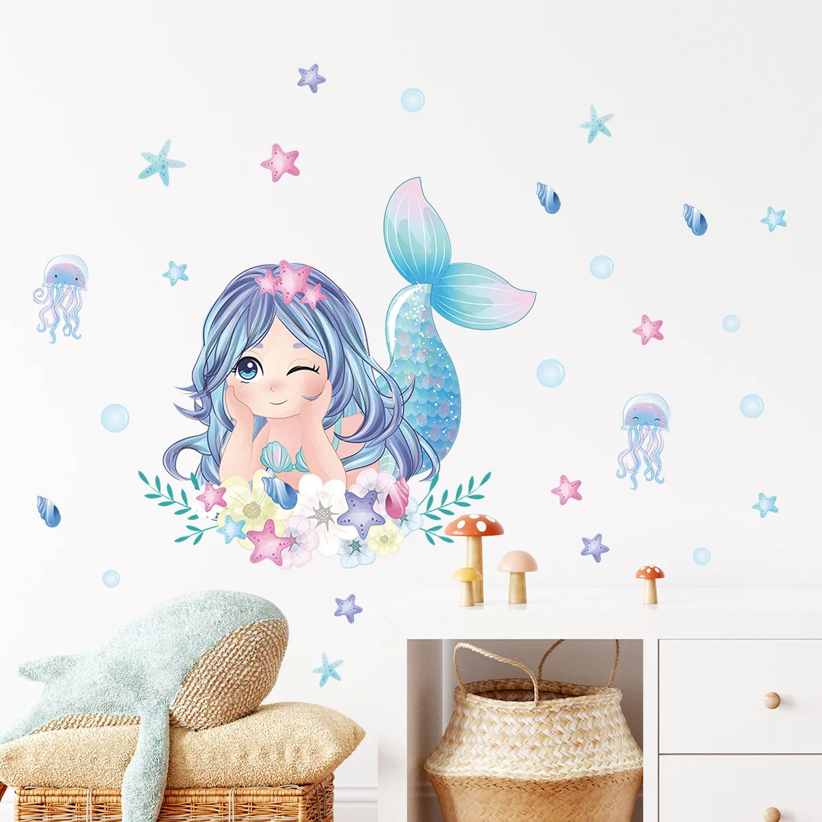 Cartoon Mermaid Jellyfish Stars Ocean World Wall Sticker Home Decoration For Children's Room Decals Glow In The Dark Room Decor