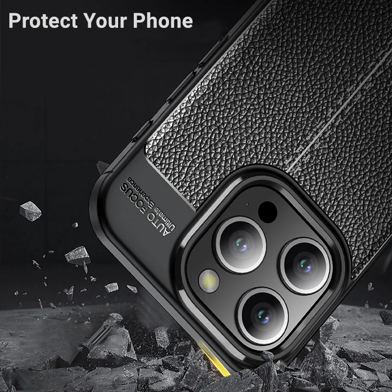 For iPhone 15 Pro Cases iPhone 15 Pro Max Case Original Shockproof Lychee Pattern Silicone TPU Protective Phone Back Cover