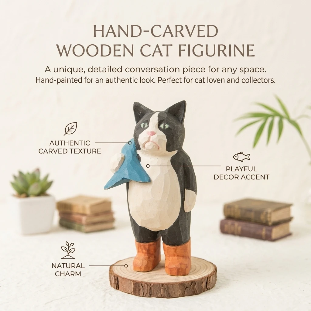 Handmade Wood Cat Figurine Artistic Desktop Ornament for Cat Lovers Gift Hand Carved Animal Sculpture Home Office Decorations