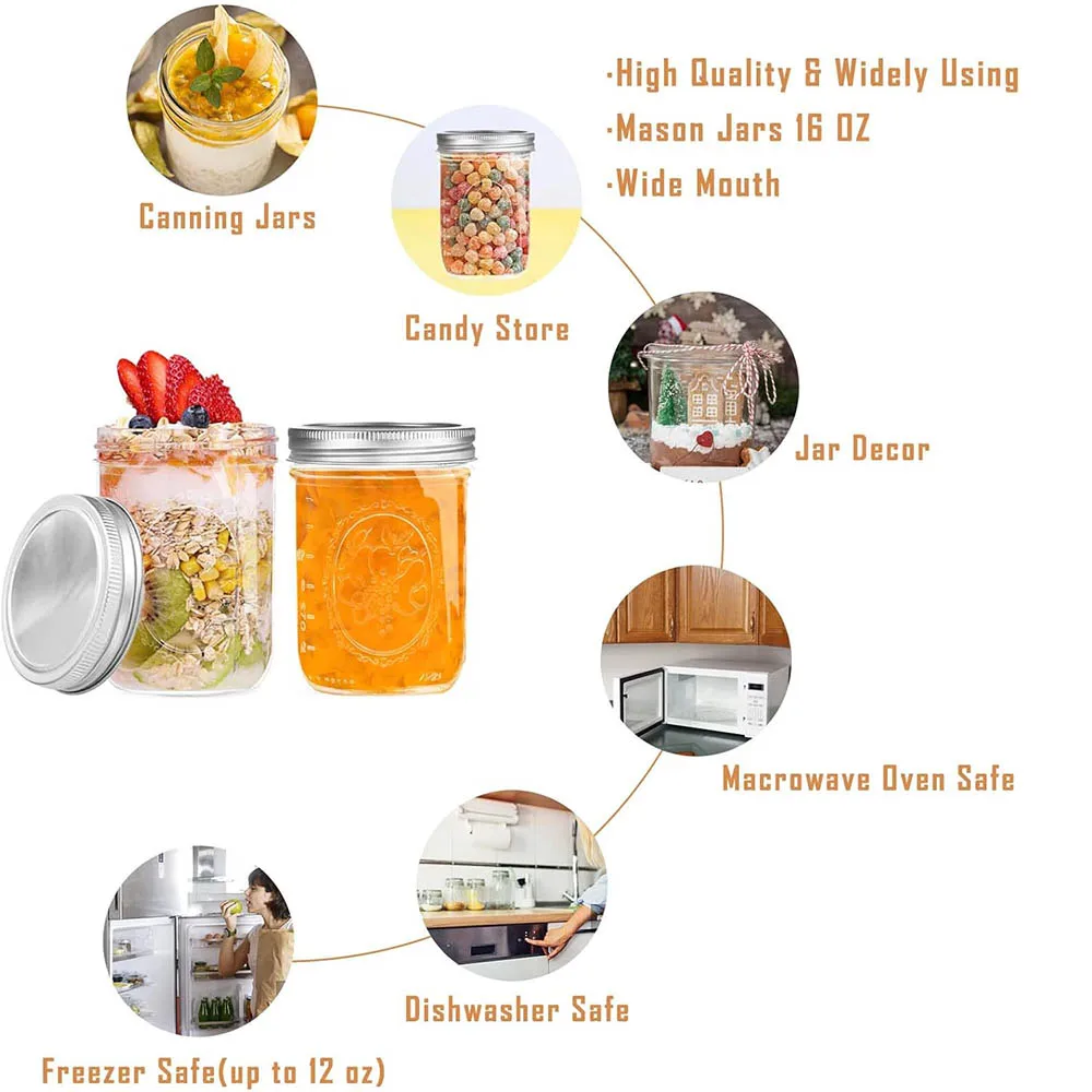 برطمانات ميسون واسعة الفم سعة 16 أونصة مع أغطية، برطمانات تعليب مع أغطية معدنية محكمة الغلق وأشرطة للتخمير والتخليل والتجميد والحفاظ عليها