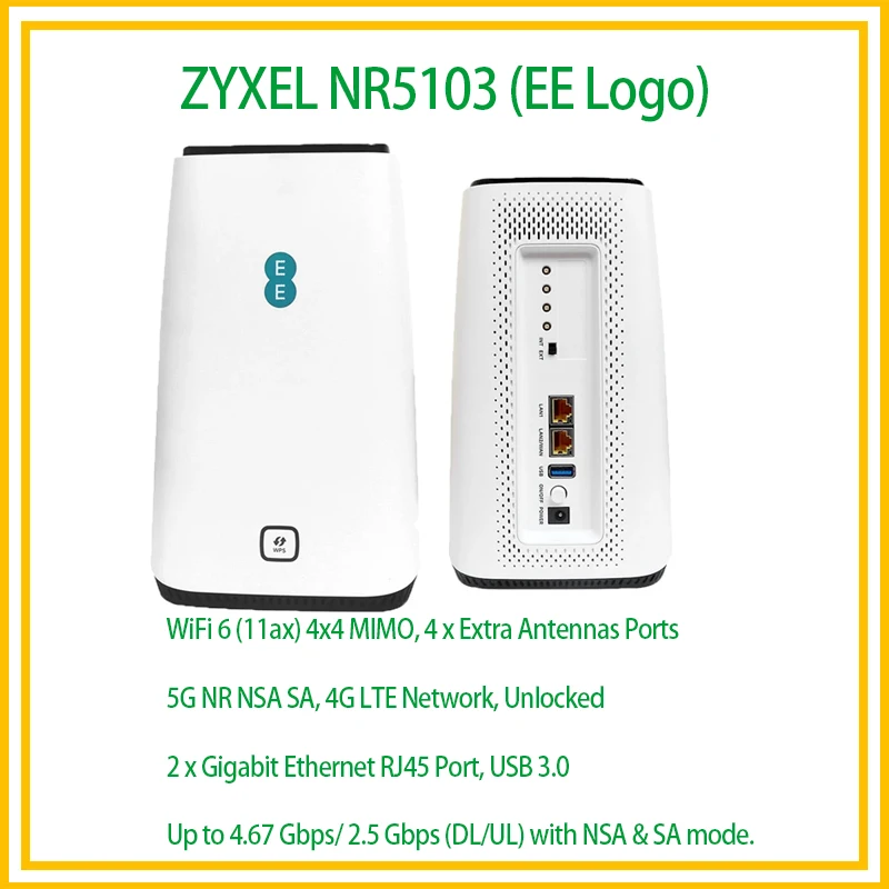 Zyxel NR5103 5GEE Wi-Fi 6 CPE Router Dual Band 4x4 MIMO 5G NR Indoor Modem AX3600 5G 4G LTE Cat19 Hub Broadband WiFi Router Sim 