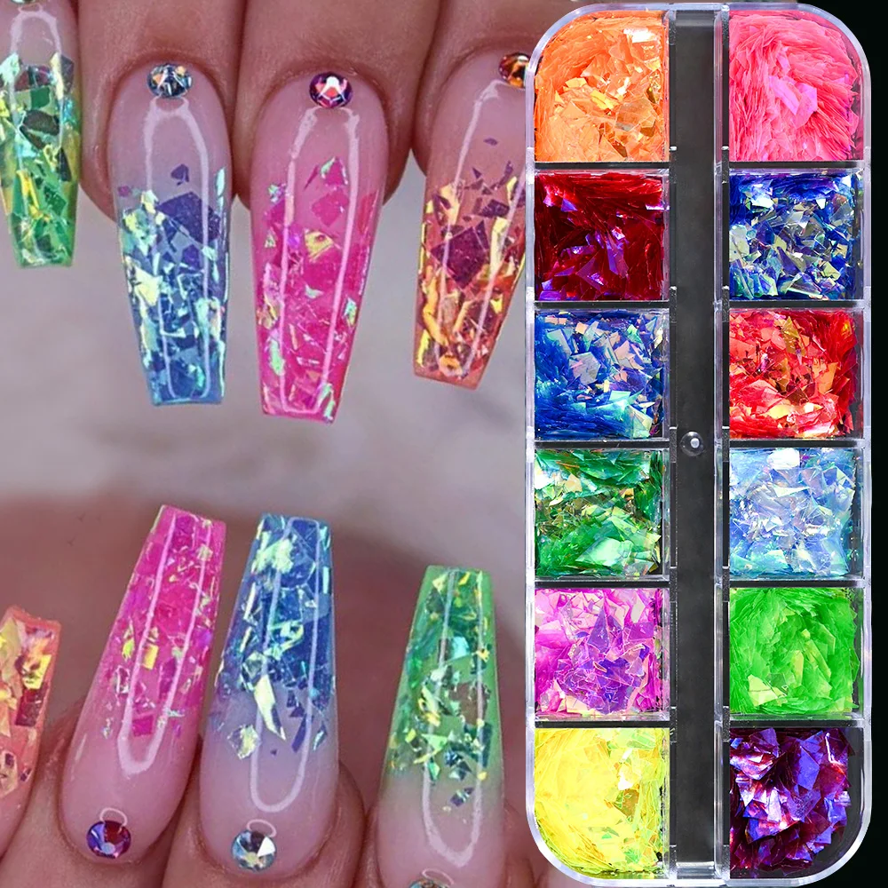 12Grids Holographic Mermaid Nail Art GlitterIrregular Rainbow-Candy Color Nail Art Flakes Sequins Gradient Bright Nail Sequin