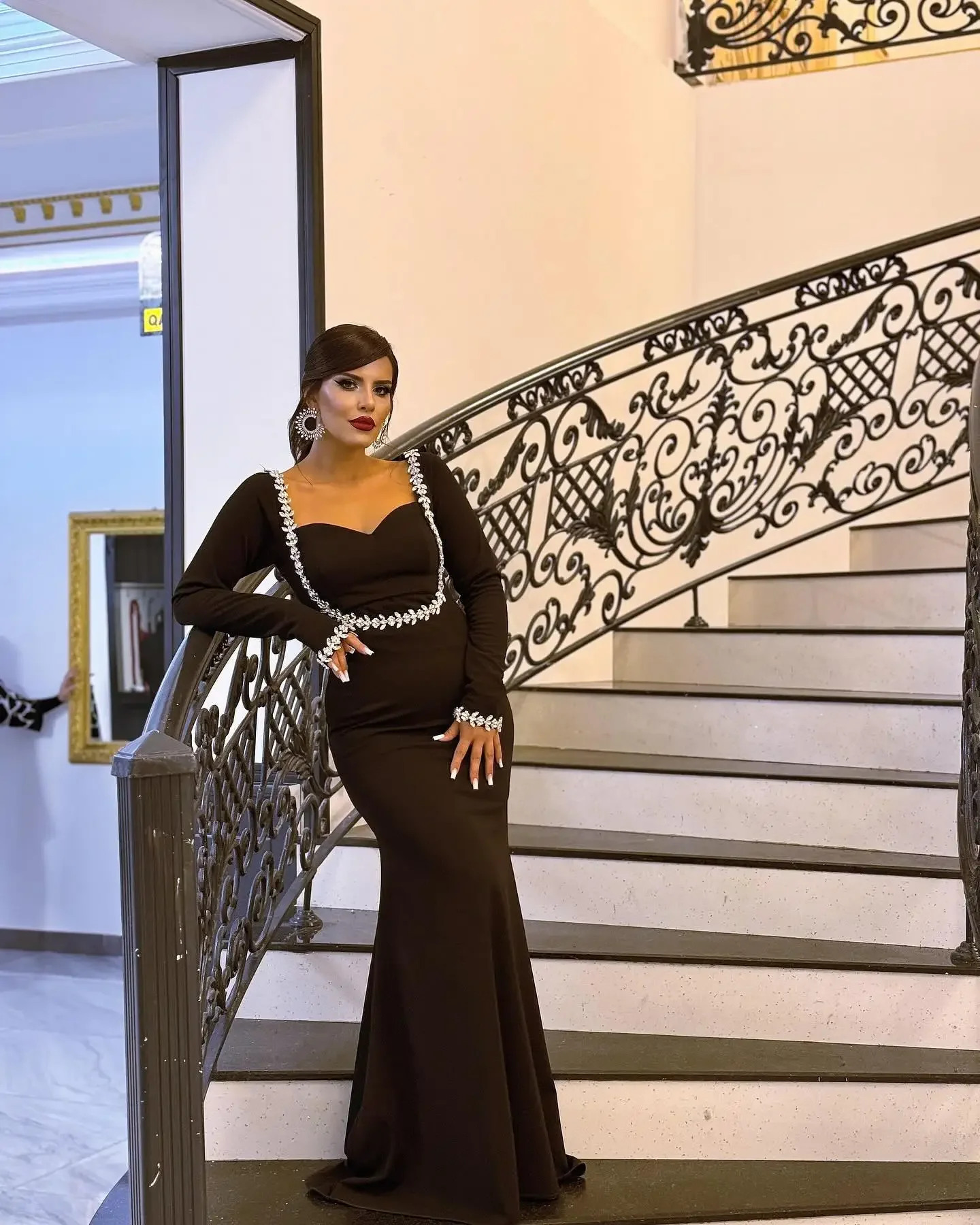 

Customized Retro Classic Exquisite High quality Jersey Rhinestone Pattern Column Sweetheart Long Dresses Evening Dresses Simple