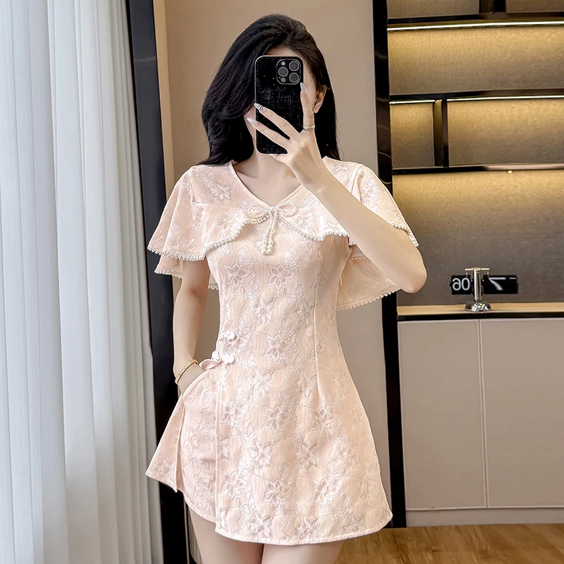 

2025 Summer New Chinese Style Lace Cape Short Dress & Shorts 2-Piece Set Slim Fit Casual Outfit